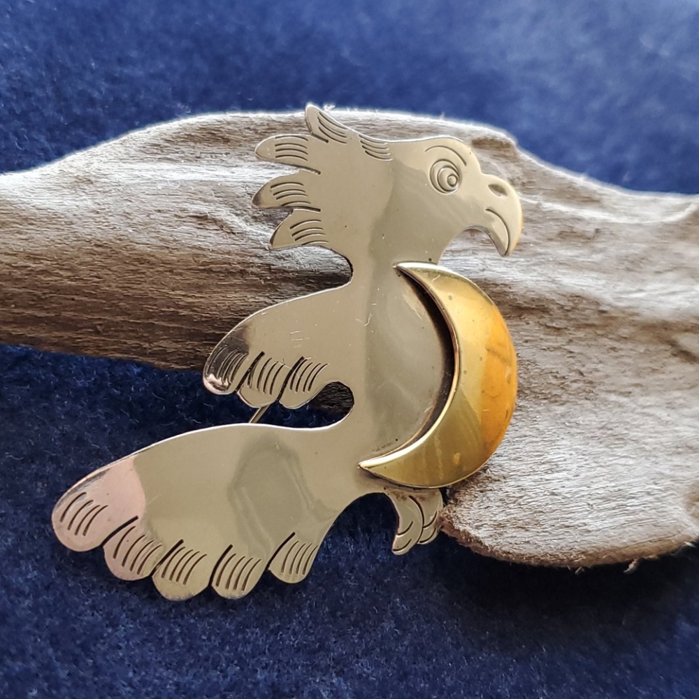 Taxco Sterling and Brass Eagle Brooch